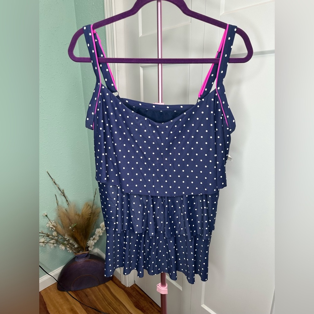 Beach House bathing suit top 18w NWT polka dot ruffle straps blue/pink modest
